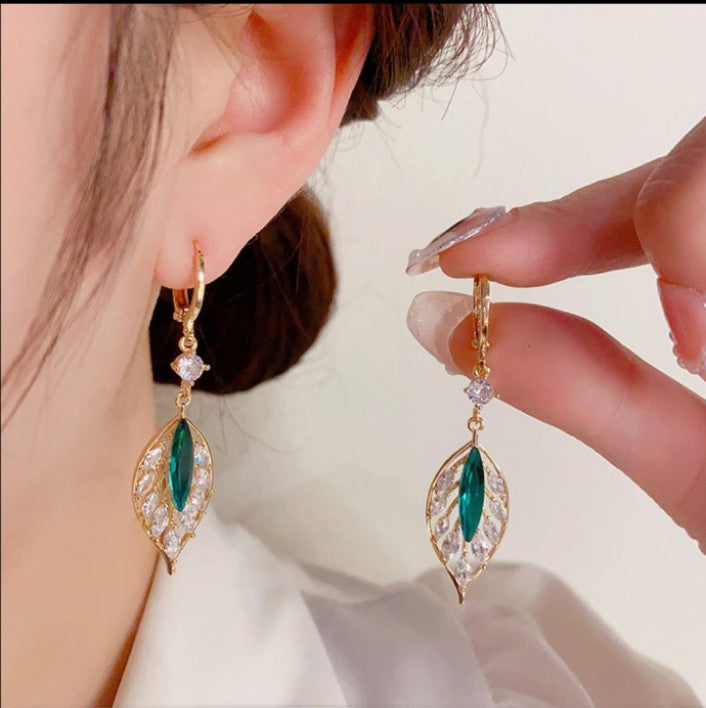 Green Diamond Leaf Earings