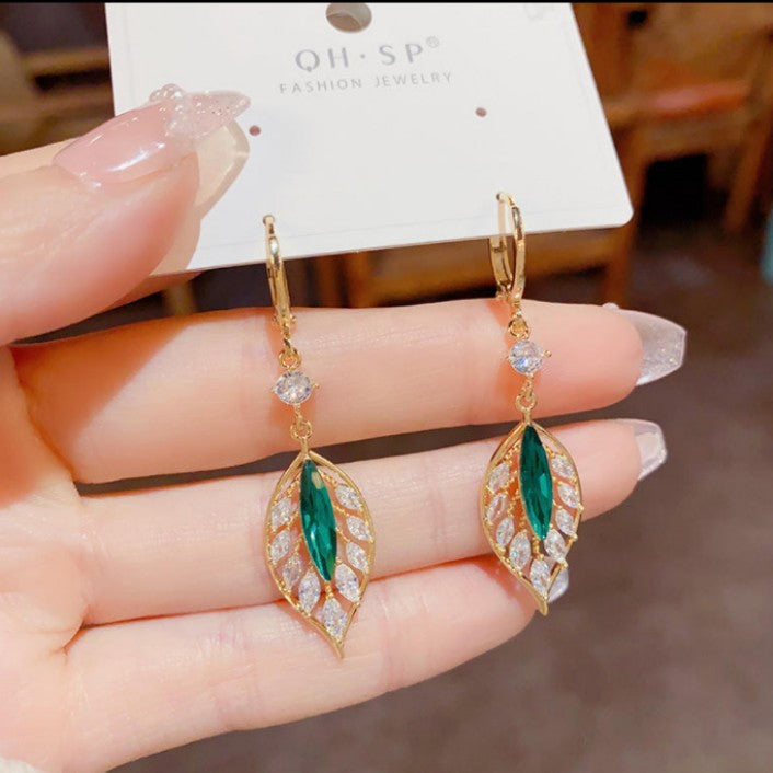 Green Diamond Leaf Earings