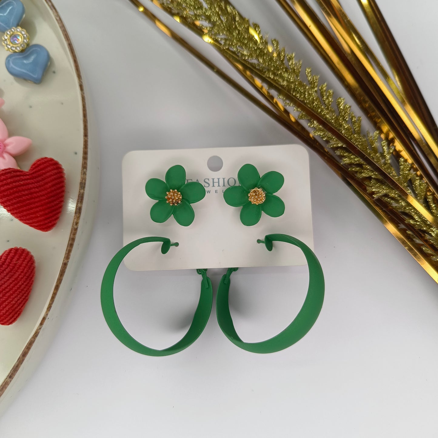 Olive Flower earings with hoops