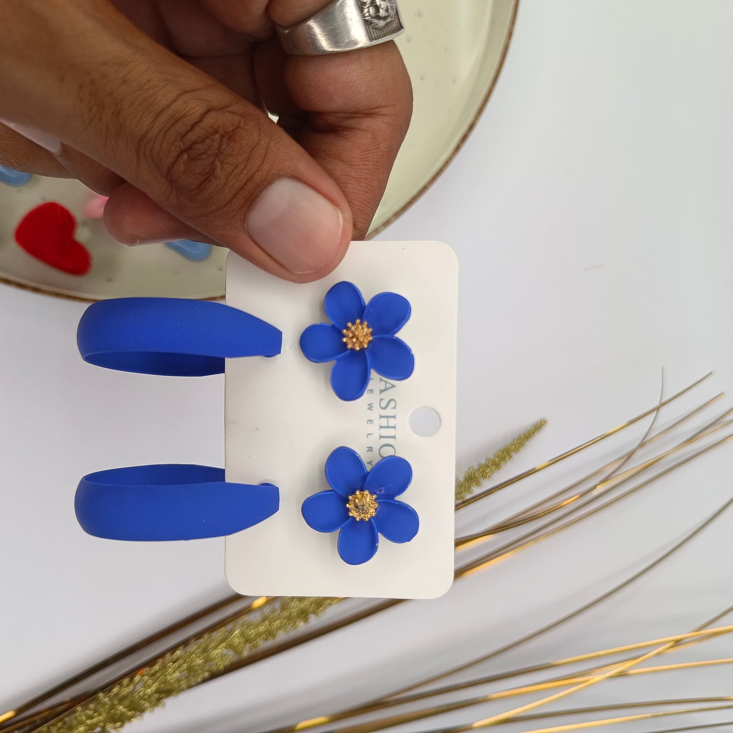 Violet flower studs earings with hoops