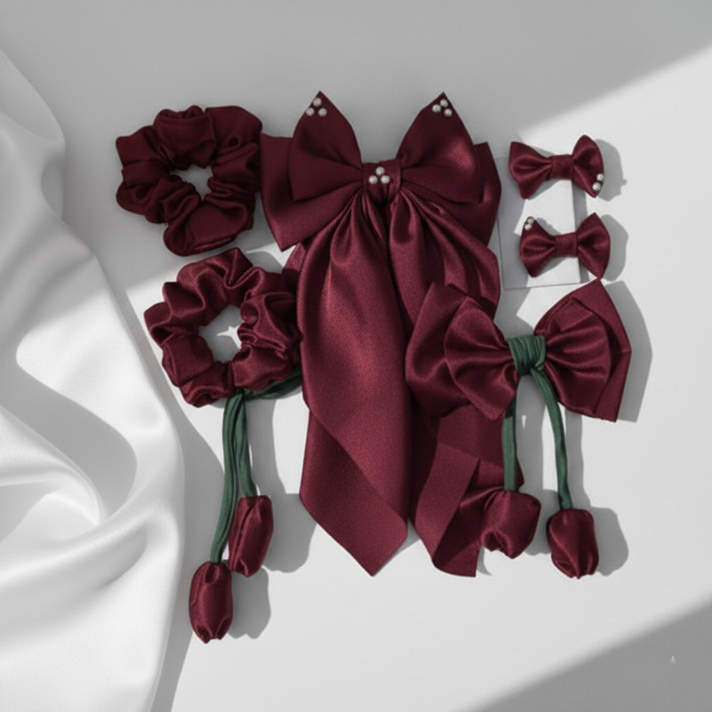 Mehroon Hair Bow Set [ Set of 6 pcs. ]